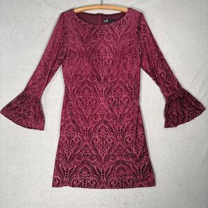 Leslie Fay Dress Womens Size 8 Maroon Damask Velvet Burnout Vamp Dark Fairy Goth